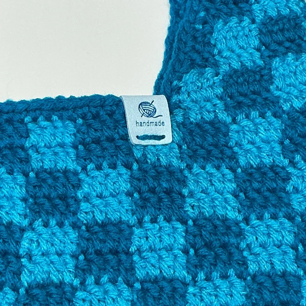 Handmade Sapphire & Cyan Blue Checker Checkerboard Crochet‎ Shoulder Tote Bag